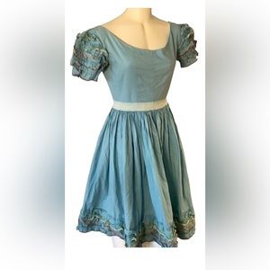 Vintage handmade ribbon trimmed blue flare dress